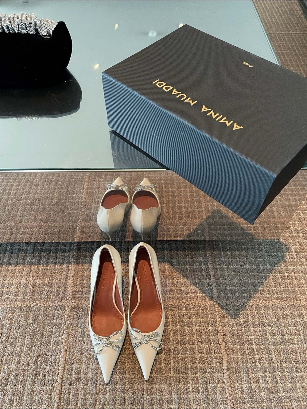 Amina Muaddi White Patent Pointed Pump with Crystal Bow - Picture 8 of 9